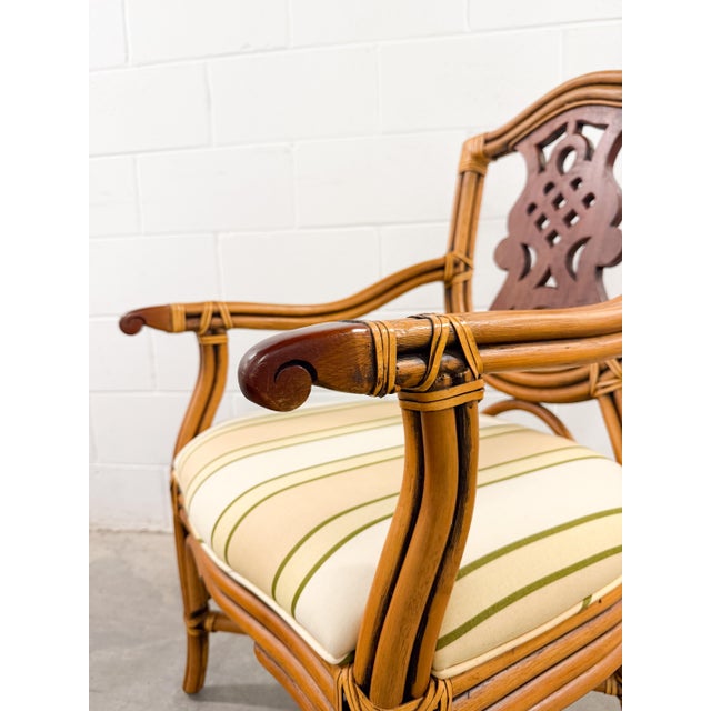 Set of 4 Coastal Palm Beach Style Bamboo and Mahogany Arm Chairs For Sale - Image 10 of 16