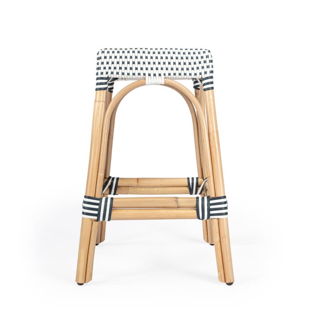 Robias 24.5 in. Seat Height Rectangular Rattan Backless Counter Stool with Footrest, White/Navy Dot / Natural Rattan Frame For Sale In Chicago - Image 6 of 9