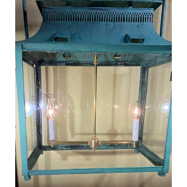 1980s One of a Kind Hand-Painted Turquoise Hanging Lantern Steel & Solid Brass For Sale - Image 5 of 18