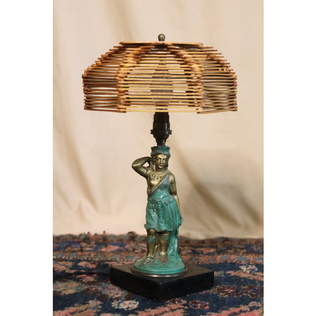 Late 19th Century Eclectic Bronze Woman Lamp With Popsicle Stick Shade For Sale - Image 12 of 17