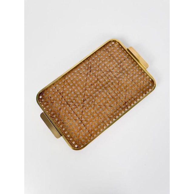 Gold Mid-Century Modern Acrylic Glass, Brass and Cane Webbing Tray in the style of Christian Dior, 1970s For Sale - Image 8 of 18