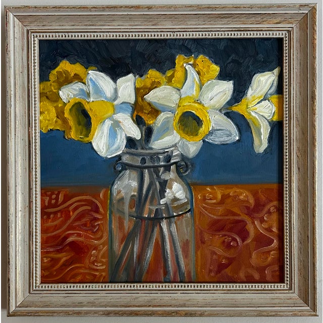 Original 12 x 12 oil painting on stretched canvas signed on reverse Overall size in frame is 14.5 x 14.5