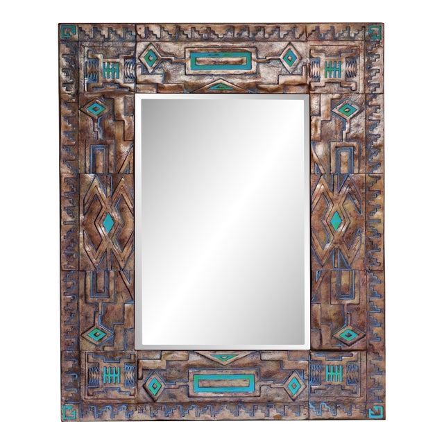 Artisan Signed Native American Navajo Tribal Diné Carved Turquoise Inlay Wall Mirror For Sale