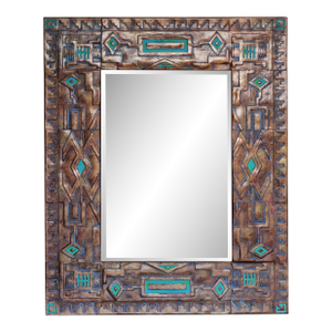 Artisan Signed Native American Navajo Tribal Diné Carved Turquoise Inlay Wall Mirror
