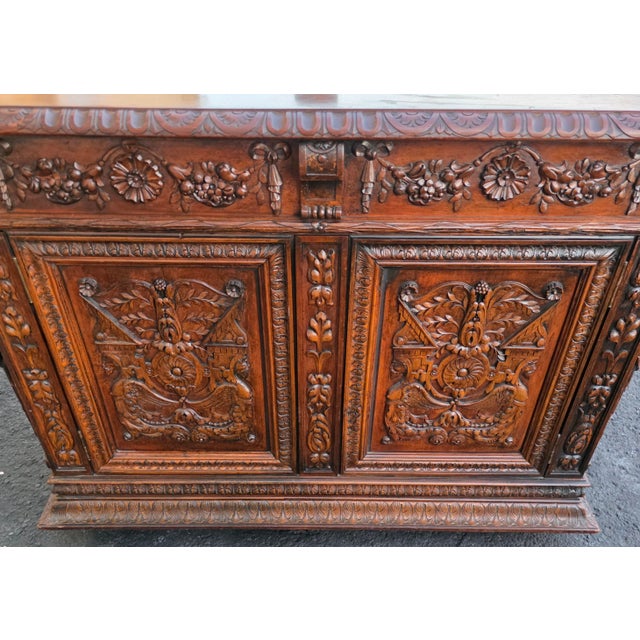 French Antique Circa 1880 French Renaissance Revival Partner's Desk, Fully Carved on All Sides With Parquetry Top For Sale - Image 3 of 18