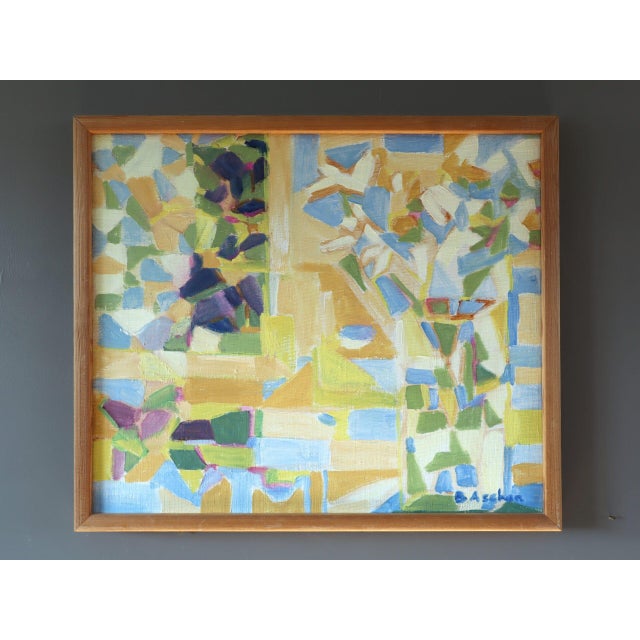 WINDOWLIGHT MOSAIC Size: 15 x 17.3 inches (including frame) Oil on canvas A radiant mid-century composition that balances...