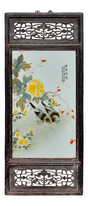 Vintage Chinese Wood Frame Porcelain Flower Birds Wall Plaque Panel