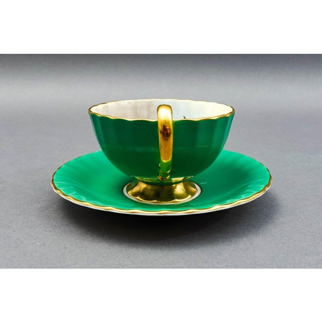 Anysley j.a. Bailey Signed Vintage Pink Cabbage Rose Green Gold Tea Cup & Saucer For Sale - Image 4 of 12