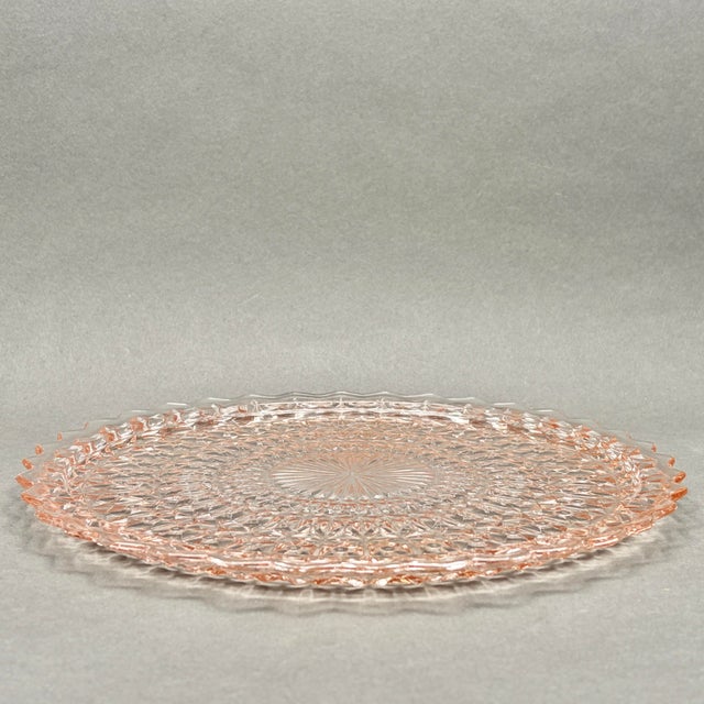 Glass Vintage Pink Jeannette Glass “Holiday Buttons and Bows” Depression Glass Cake Plate For Sale - Image 7 of 9