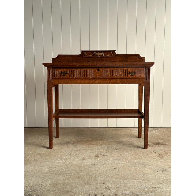 Antique Quarter Sawn Oak Console Table With Carved Gallery Back For Sale - Image 17 of 17