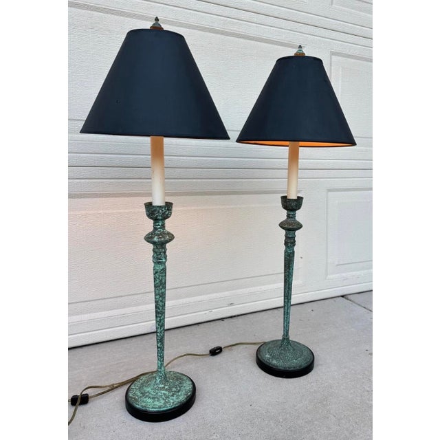 Pair of Vintage Frederick Cooper Verdigris Candlestick Buffet Table Lamps For Sale - Image 11 of 18