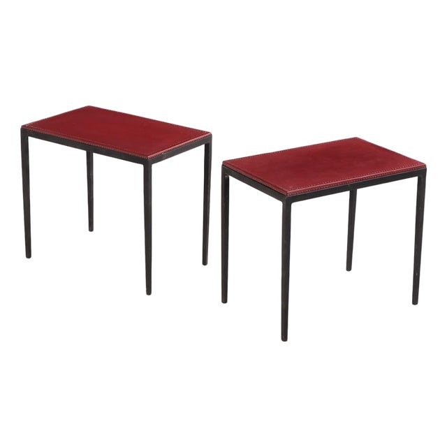 Pair of Iron and Leather Side Tables in the Manner of Jean-Michel Frank, Contemporary For Sale