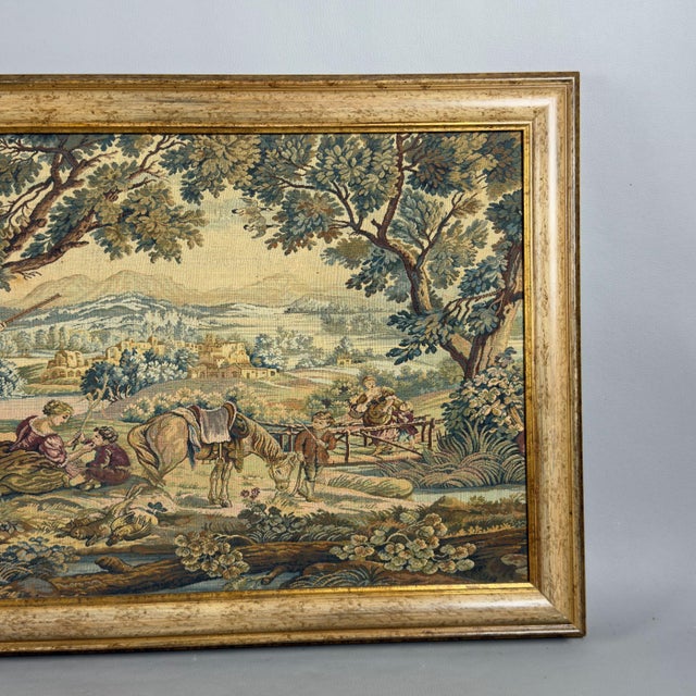 Tapestry Pastoral Scene Landscape Forest in Wooden Frame, 1900s For Sale - Image 4 of 10