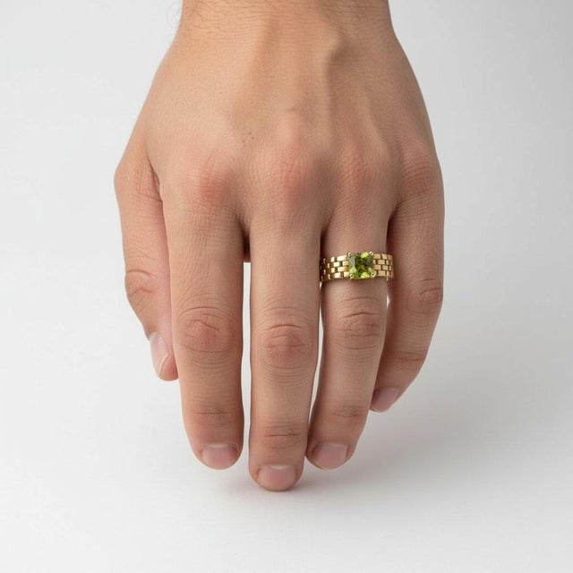 Watch Band Shaped Ring With Peridot for Men, Silver, Gold, Size 10 For Sale - Image 4 of 5