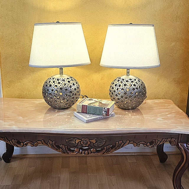 Pair of Pierced Pewter Globe Table Lamps With Shades For Sale - Image 17 of 18