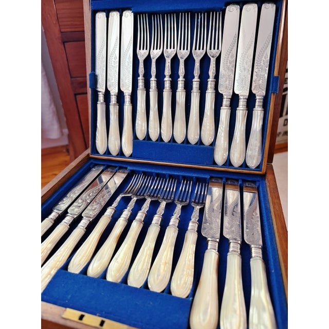 Antique Mother of Pearl and Silver Plated Flatware Service for 12 For Sale - Image 10 of 16