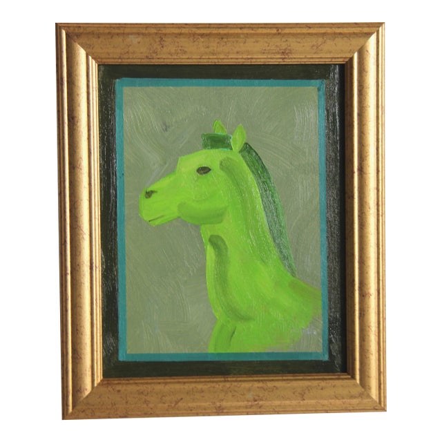 Horse Head Portrait Minimalism Art Deco Contemporary Green With Border Original Oil Painting Cleo Plowden For Sale