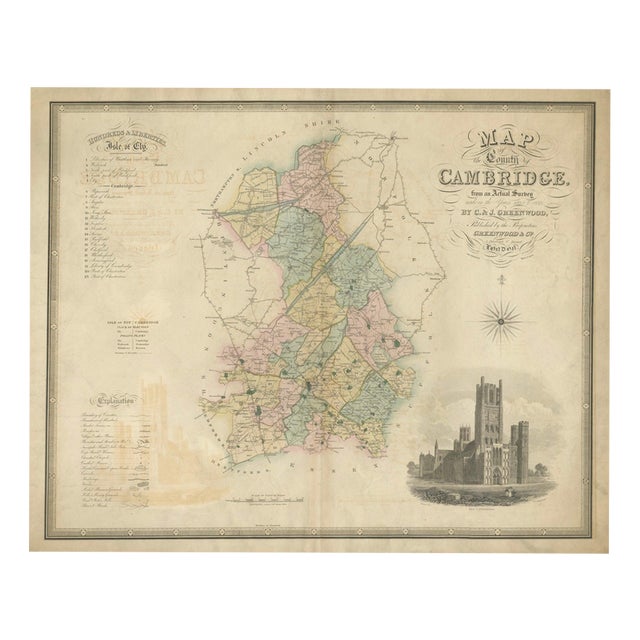 Large Hand-Colored Map of Cambridgeshire by Greenwood, 1834 For Sale