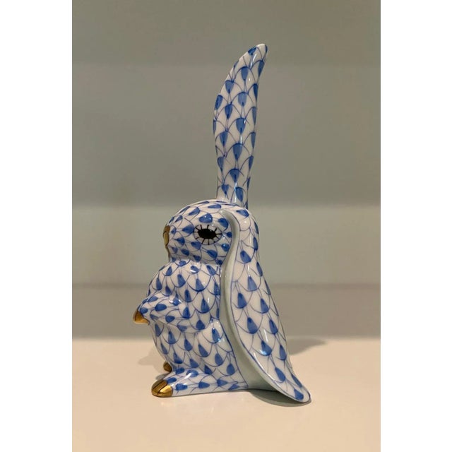 Traditional Herend Blue Fishnet With 24k Gold "One Ear Up" Rabbit Figurine For Sale - Image 3 of 5