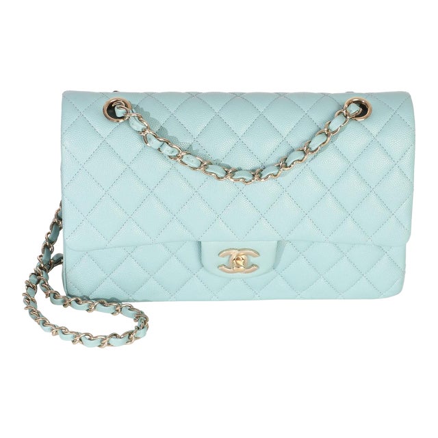 Mint Quilted Caviar Medium Classic Double Flap Handbag For Sale