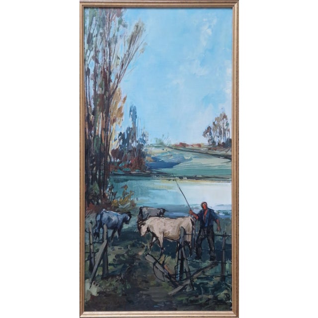 Realism Mid-20th Century A. Guillou - Pastoral Landscape With Cattle, Oil on Canvas For Sale - Image 3 of 5