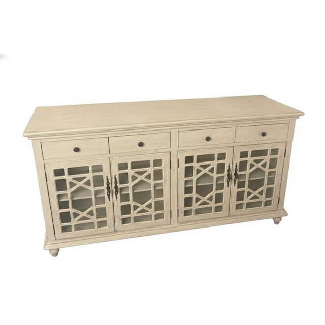 2000 - 2009 Country Chic Four-Door Lattice Sideboard in Distressed Antique White For Sale - Image 5 of 6