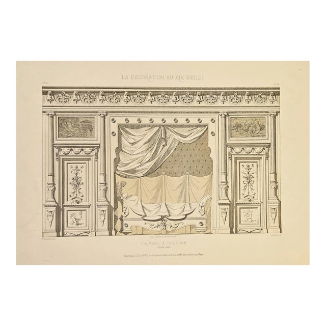 C1860s Antique French Architecture Interior Gravure-Bedroom Design For Sale