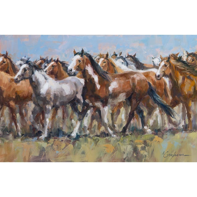 Stampede by Lindsey Bittner Graham | Oil on board Painting of a herd of galloping horses For Sale