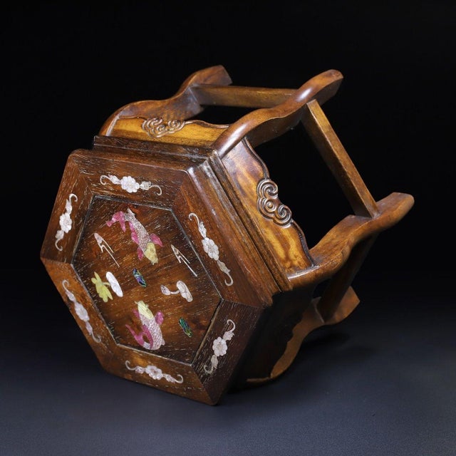 Mid 20th Century Vintage Chinese Huali Rosewood Mother-of-Pearl Inlaid "Fish & Lotus" Hexagonal Stool For Sale - Image 5 of 10