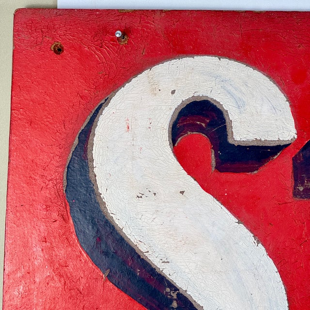 Large Vintage Hand Painted "Strong" Sign on Masonite With Bold Graphics in Red For Sale - Image 4 of 12