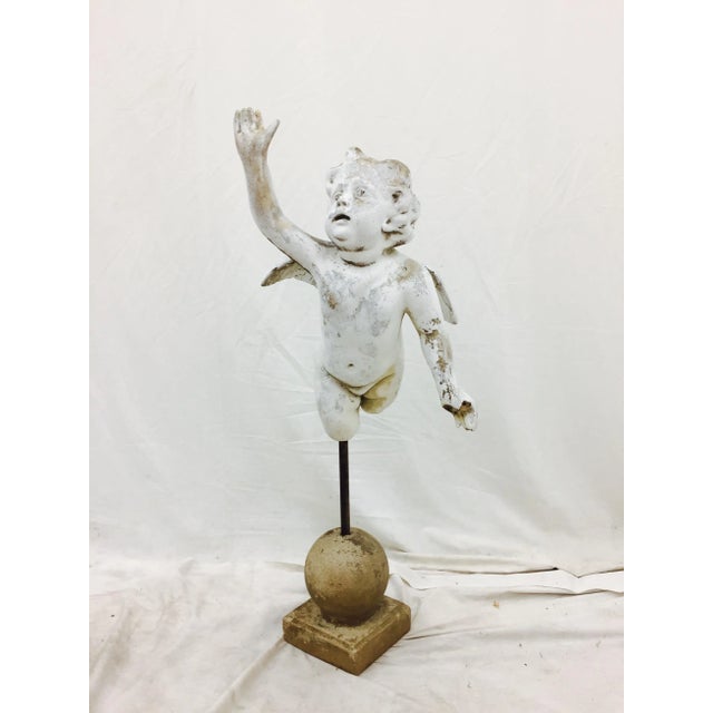 Stunning Antique Garden Sculpture of Putti Cherub Angel on Concrete Stone Base. Note: item shows wear. Worn at right hand,...