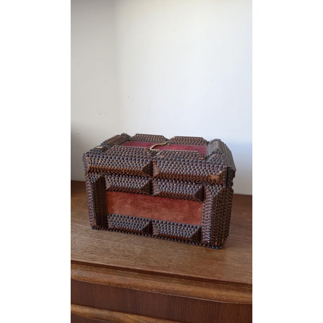 Rustic Antique Tramp Art Wooden Box, Hand Carved Folk Art Chest, Chip Carved Jewelry Box, Rustic Primitive Storage, Collectible Decor For Sale - Image 3 of 17