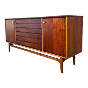 Vintage Stanley Mid Century Modern Credenza Cabinet Dovetailed Louvered Front Drawer