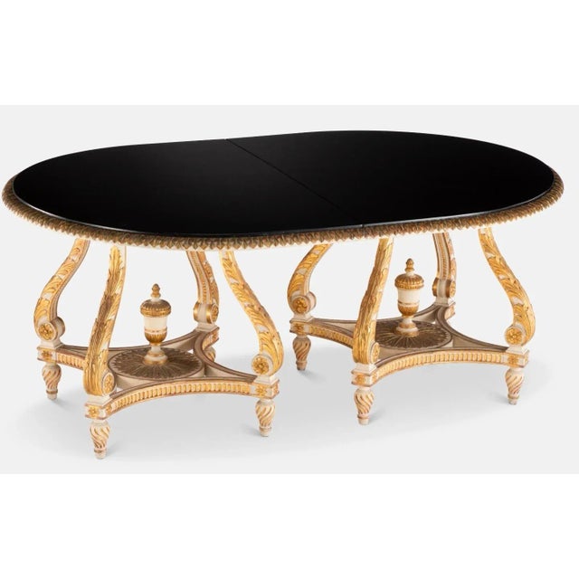 Maison Jansen 1940s French Louis XVI Creamy White Black Gilt Wood Double Pedestal Extension Dining Table by Maison Jansen Paris For Sale - Image 4 of 18