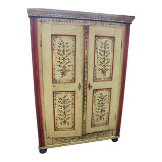 Primitive Rustic European Hand Painted Armoire For Sale