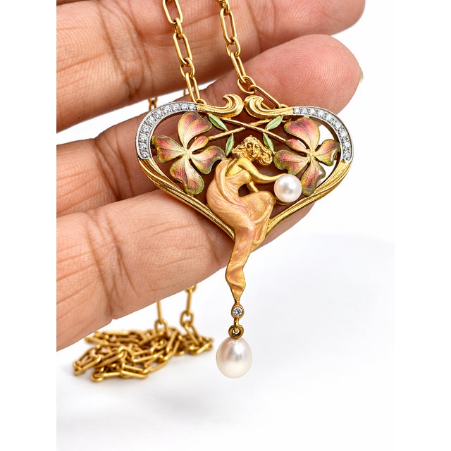 1980s Masriera Art Nouveau 18ct Gold Plique-À-Jour Pendant Necklace For Sale In Los Angeles - Image 6 of 8