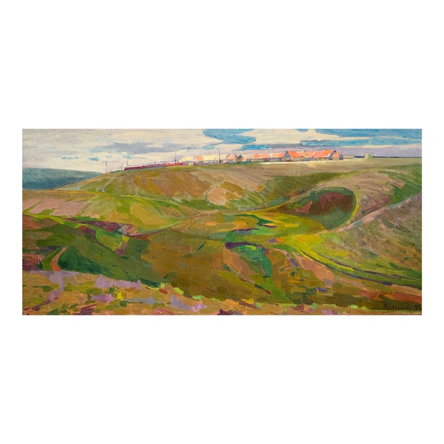 Vintage Landscape Oil Painting, Village on Hill, Signed Impressionist Art 72-150 For Sale