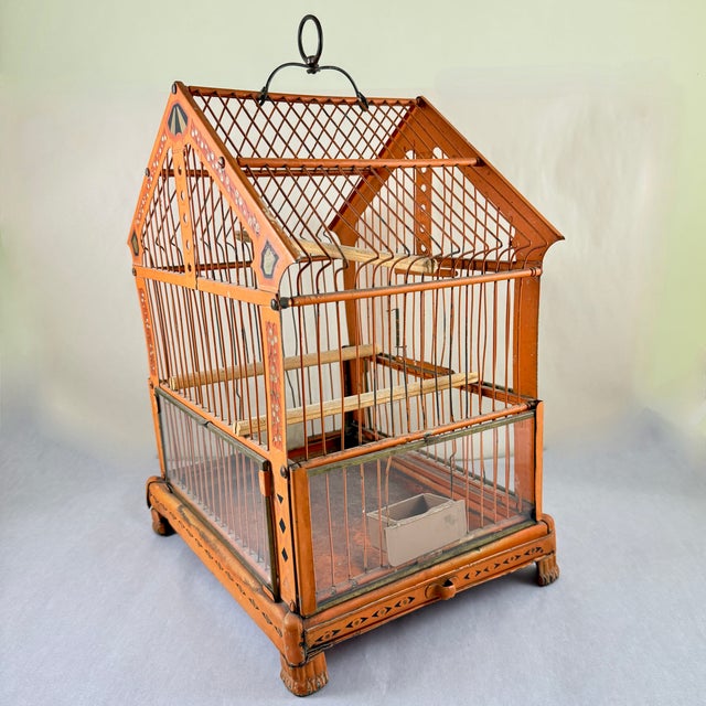 Orange Japanned Metal Bird Cage, Hand-Painted, Circa 1900-1920 For Sale - Image 13 of 18