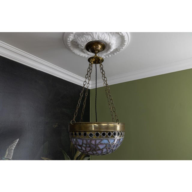 Art Nouveau French Blue and Violet Stained Glass Pendant Light, 1920s For Sale - Image 11 of 18