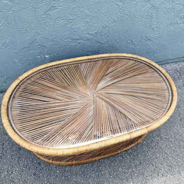 Boho Chic Boho Chic Buri Rattan Oval Inlaid Glass Top Coffee Table For Sale - Image 3 of 6
