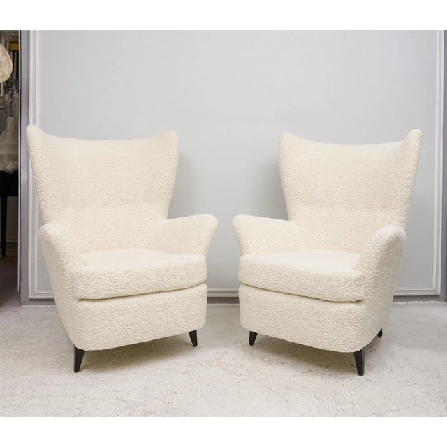Pair of Italian Mid-Century Modern Lounge Chairs upholstered in Boule Fabric. Set of 2. Measurements per each chair.