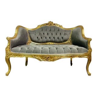 French Gray Velvet Gold Leaf Settee For Sale