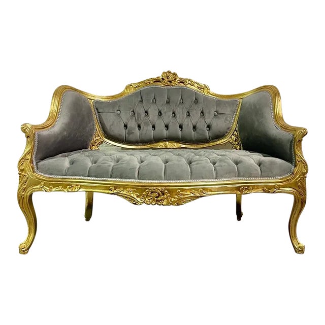French Gray Velvet Gold Leaf Settee | Chairish