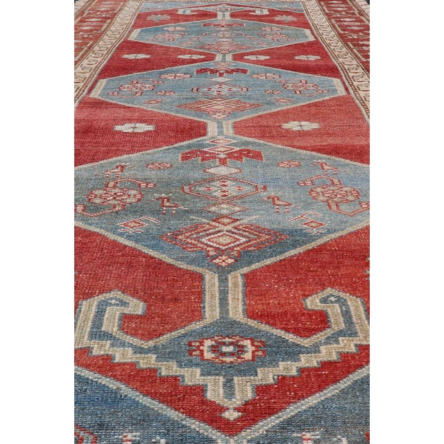 Early 20th Century Antique Kurdish Medallion Gallery Runner in Red, Denim Blue, and Eggshell 4'8 X 10'6 For Sale - Image 5 of 12