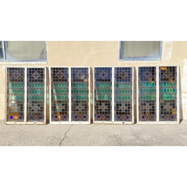 Victorian Antique Victorian Double Stained Glass Window Pink Blue Green Jeweled For Sale - Image 3 of 12