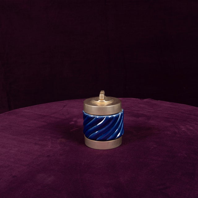 Blue Glazed Ceramic and Brass-Toned Metal Table Lighter by Tommaso Barbi, 1970s For Sale - Image 6 of 17