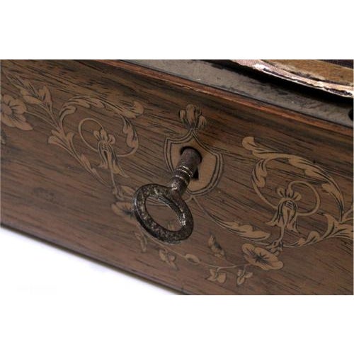 Wooden case with twelve-piece gold sewing and toiletry set, perfume bottles with funnels and jewelry storage box inside,...