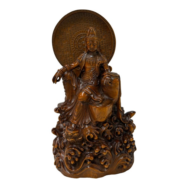 7" Bodhisattva Statue W Calligraphy Halo & Lotus Base Wood Statue For Sale