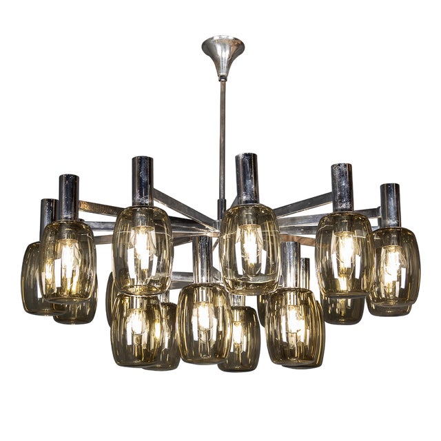 Vintage Italian Chrome and Smoked Glass Chandelier, 1970 For Sale