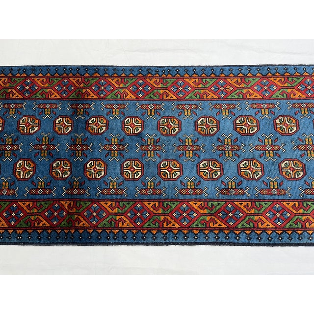 Extra-Long Teal Blue Tribal Wool Runner Rug With Geometric Medallions ...